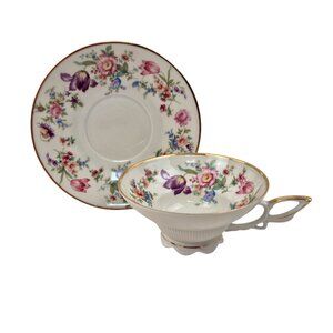 Plankenhammer Tea Cup Saucer Floral Gold Trim  Bavaria Germany Vintage